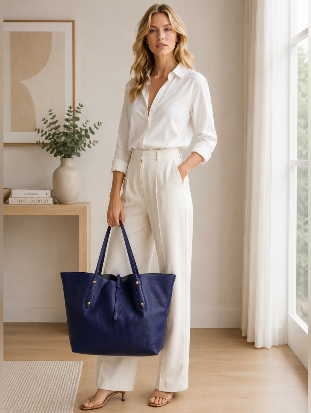 Annabel Ingall Deep Navy Large Leather Tote With Gold Hardware